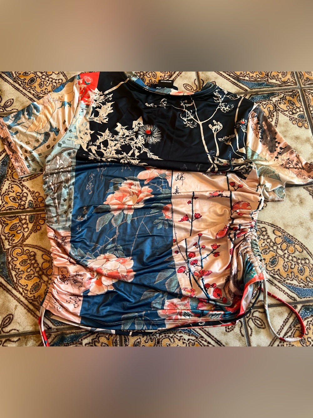 Desigual Floral & Bird Print Drawstring Tee slinky stretchy chic boho farm rio - Picture 6 of 7